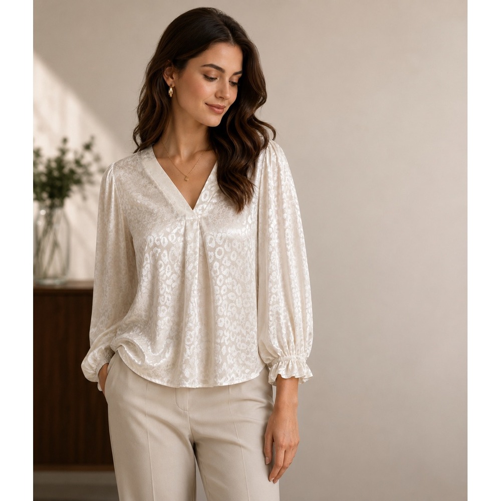 eesome Ivory Satin V-Neck Long Sleeve Blouse